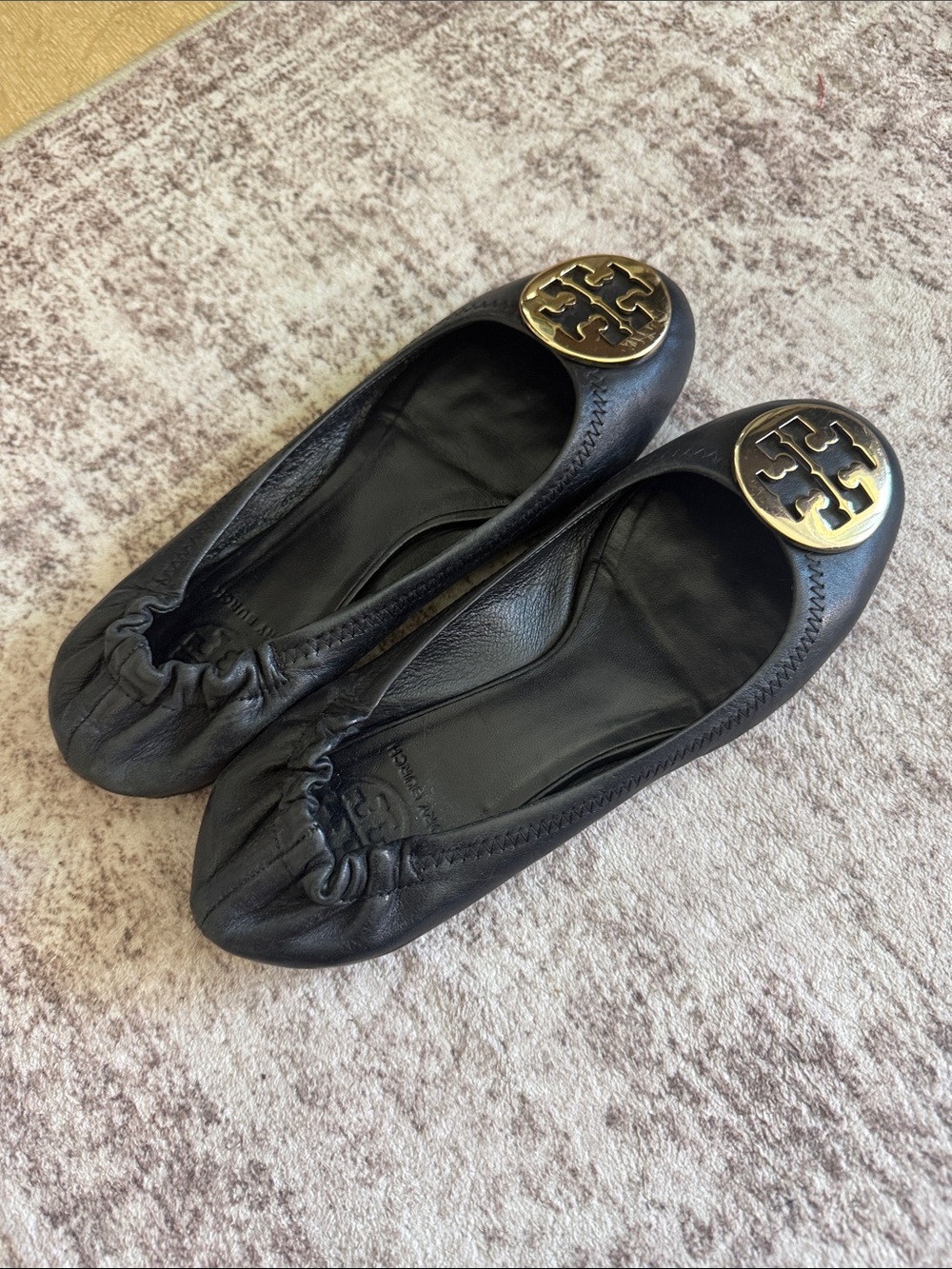 Tory Burch Black Leather Ballet Flats with Gold Logo Medallion